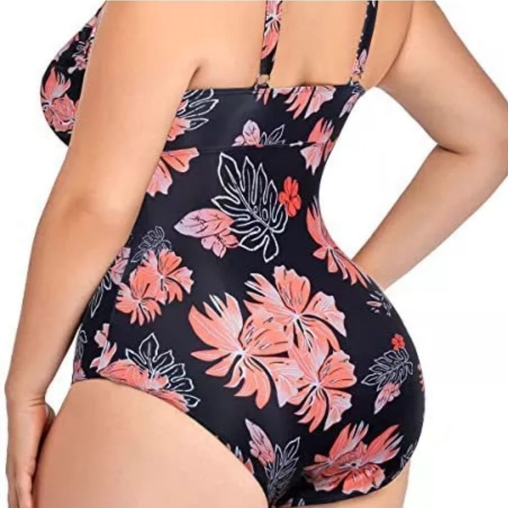 Plus size vintage floral woman swim suit top quality bathing suit v-neck over si - Picture 3 of 8